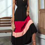 Zjkrl  -  Vibrant Color Block Surplice Neck Maxi Dress - Elegant Sleeveless A-Line Silhouette, Micro Elasticity, Polyester Fabric, Solid Color, Summer Essential - Womens Elegant Clothing for Special Occasions