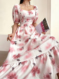 Charming Floral Print Square Neck Aline Dress - Flirty Short Sleeves with Ruffle Trim, Timeless Style for Spring & Summer - Feminine, Elegant Womens Clothing