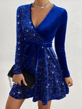 Stunning Solid Contrast Sequin Mini Dress - Elegant V Neck Long Sleeve Dresses for Women - Sparkling Evening Wear with Flattering Fit and Chic Design