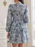 Long Sleeve Elegant A-line Mini Dress, Floral Print Crew Neck Cinched Waist, Women's Clothing for Spring & Fall