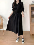 Stylish Solid Color Tie Waist Midi Dress - Women's Long Sleeve Pocket Dress for Spring & Fall - Korean Inspired, Zip Up Collared, Comfortable and Versatile Clothing for Ladies