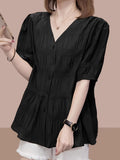 Chic V-Neck Short Sleeve Blouse - Solid Color, Polyester, Machine Washable - Perfect for Spring & Summer