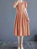 Zjkrl  -  Vibrant Color Crew Neck Chic Dress - Women's A-line Dresses with Short Sleeves, Cinched Waist, Minimalist Design for Spring & Summer, Elegant Casual Wear for Ladies