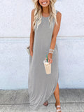 Zjkrl  -  Womens Fashionable Crew Neck Asymmetrical Maxi Dress - Sleeveless & Split Design, Effortlessly Chic for Summer Beach Vacations - A Must-Have Womens Clothing Staple
