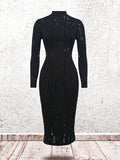 Elegant Solid Color High Neck Cut Out Knit Dress - Semi-Sheer, Mid Elasticity, Long Sleeve, Polyester Fabric, Perfect for Spring and Summer - Womens Sexy and Chic Clothing