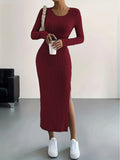 Zjkrl  -  Long Sleeve Bodycon Ribbed Knit Dress - Sexy Crew Neck Split Thigh Slim Fit with Mid Elasticity - Machine Washable Polyester Fabric for Fall/Winter Season