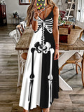 Zjkrl  -  Vibrant Color Block Skeleton Print Spaghetti Strap Cami Dress - Women's Sleeveless Casual Dresses with Relaxed Fit and V-Neckline - Perfect for Summer and Outdoor Activities
