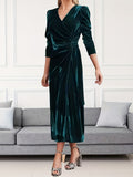 Plus Size Ruched Velvet Dress - Elegant Surplice Neck, Flattering Silhouette, Comfortable Women's Clothing for Special Occasions