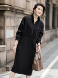 Korean Style A-Line Midi Dress - Polyester and Elastane Blend, Casual Wear for Spring and Autumn, Small Collar, No Pattern, No See-Through, Comfortable and Versatile for Women