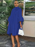 Plus Size Button Front Solid Dress, Elegant Mock Neck Ruffle Cuff 3/4 Sleeve Dress, Women's Plus Size Clothing