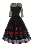 Vintage Chic Rose Embroidered Cocktail Dress - Fitted, Crew Neck, Tea-Length, 100% Polyester Knit Fabric, Elegant 50s Style, All-Season Wear, Embroidery Floral Pattern, High-Quality Stitching, Comfortable Fit, Ideal for Forma