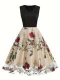 Adult Women's All-Season Vintage Floral Print Embroidered V-Neck Polyester Blouse Dress