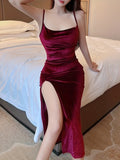 Zjkrl  -  Split Thigh Ruched Dress, Elegant Spaghetti Sleeveless Party Dress, Women's Clothing Wedding/Occasion/Engagement/Ceremony/Evening dress