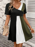 Zjkrl  -  Vibrant Color Block V-Neck Chic Dress - Women's Casual Short Sleeve Loose Fit Dresses for Everyday Wear - Comfortable, Breathable, and Stylish Clothing for Ladies