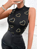 Heart Print Crew Neck Tank Top, Versatile Sleeveless Slim Summer Top, Women's Clothing