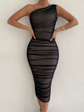 Elegant One Shoulder Ruched Bodycon Dress, Sleeveless Slim Fit Party & Banquet Dress for Women