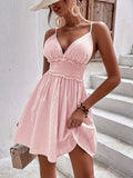Chic V Neck Backless Cami Dress with Flattering Shirred Waist - Delicate Frill Trim, Sleeveless Spaghetti Strap - Perfect for Spring & Summer Day to Night Style - Womens Clothing