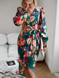 Allover Print Wrap Dress, Elegant V Neck Long Sleeve Dress, Women's Clothing For Elegant Dressing