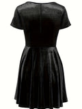 Elegant Velvet Dress - Fitted Solid Waist, Ruffled Hem, Short Sleeves, Classic Crew Neck - Exuding Sophistication, Designed for Womens Clothing