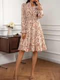 Floral Print C Neck Dress, Elegant Long Sleeve Shirred Waist Dress, Women's Clothing
