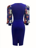 Elegant Floral Bodycon Dress with Lantern Sleeves & Crew Neck - Chic Spring & Fall Fashion for Women