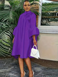 Plus Size Button Front Solid Dress, Elegant Mock Neck Ruffle Cuff 3/4 Sleeve Dress, Women's Plus Size Clothing