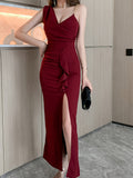 Stunning Asymmetric Backless Dress - Solid Chain Detail, Sleeveless, Split Thigh, Elegant Party Dress for Women - Perfect for Formal Occasions, Night Out, Clubbing, and Special Events