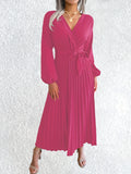 Elegant Micro-Elastic Tunic Dress – Solid Pleated V-Neck with Lantern Sleeves & Belt, Perfect for Adult Women's Fall/Winter Fashion