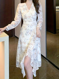 Chic Floral Print Surplice Neck A-line Vacation Dress - Women's Long Sleeve Dresses for Spring & Fall - Comfortable, Relaxed Fit, V-Neck, Flared Hem, Perfect for Outdoor Activities
