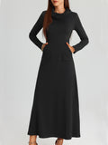 Elegant Long Sleeve Maxi Fit and Flare Dress with Pockets - Soft High Elasticity Polyester Fabric, Solid Color, Cowl Neck, Comfortable for All Seasons - Womens Everyday Wear