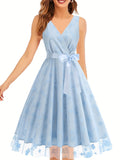 Stunning Floral Embroidered A-Line Tank Dress - Elegant Surplice Neck Sleeveless Party Dress for Women - Perfect for Banquet, Wedding, and Formal Occasions with Tie Waist Detail