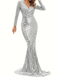 Long Sleeve Sequined Mermaid Fit and Flare Dress - Elegant V-neck, Geometric Pattern, Regular Sleeve, No Elasticity - Perfect for Wedding, Evening, Party, Banquet, Occasion, Engagement, and Ceremony