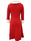 Vintage Inspired Midi Dress - Soft Fuzzy Spandex V Neck Party Dress for Women - Winter Solid Color Knit Fabric Pendulum Style with Micro Elasticity