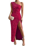 Glamorous Sequined One-Shoulder Gown - Thigh-High Slit, Tailored Fit - Ideal for Parties & Galas