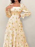 Elegant Women's Floral Print A-line Dress, Long Sleeve Square Neck Ruffle Hem Dress for Spring & Fall
