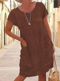 Vibrant Solid Color Crew Neck Dress - Women's Casual Short Sleeve Dresses for Spring & Summer - Comfortable, Breathable, Easy Care Clothing for Everyday Wear