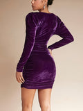 Elegant Velvet Ruched V-Neck Long Sleeve Bodycon Mini Dress for Women's Party & Banquet, Slim Fit, V-Neck, Long Sleeve, Mini Length