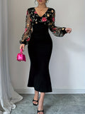 Elegant Women's Contrast Mesh Splicing Bodycon Dress with V Neck and Long Sleeves for Spring & Fall