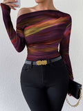 Stylish Women's One-Shoulder Neck Tie Dye Long Sleeve Slim Fit Knit Top, Polyester and Spandex Blend for All-Season Wear