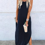 Zjkrl  -  Womens Fashionable Crew Neck Asymmetrical Maxi Dress - Sleeveless & Split Design, Effortlessly Chic for Summer Beach Vacations - A Must-Have Womens Clothing Staple