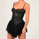 Zjkrl - Sexy Solid White Stitching Lace Bra Corset style Spaghetti Strap Mini Dress Women Backless Party Skater Short Sling Robe