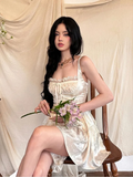Zjkrl - Sexy Solid White Stitching Lace Bra Corset style Spaghetti Strap Mini Dress Women Backless Party Skater Short Sling Robe