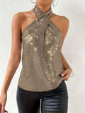 Sexy Plaid Halter Neck Tank Top - Mid-Elasticity, Sleeveless, Cross-Detail, Polyester Knit Fabric - Perfect for Party, Club, and All Seasons
