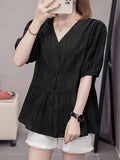 Chic V-Neck Short Sleeve Blouse - Solid Color, Polyester, Machine Washable - Perfect for Spring & Summer