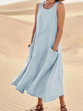 Zjkrl  -  Womens Casual Crew Neck Sleeveless Pocket Dress - Effortlessly Chic, Versatile & Comfortable, Everyday Wear - Simple Solid Style with Handy Pockets, Perfect for All Seasons