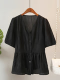 Chic V-Neck Short Sleeve Blouse - Solid Color, Polyester, Machine Washable - Perfect for Spring & Summer