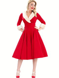 Vintage Inspired Midi Dress - Soft Fuzzy Spandex V Neck Party Dress for Women - Winter Solid Color Knit Fabric Pendulum Style with Micro Elasticity