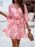 Charming Floral Print V-neck Swing Dress with Belted Waist & Ruffle Flare Sleeves - A Feminine and Elegant Addition to Your Wardrobe - Womens Clothing