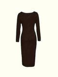 Zjkrl  -  Squared Neck Solid Maxi Dress, Casual Long Sleeve Bodycon Dress, Women's Clothing