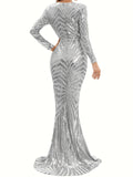 Long Sleeve Sequined Mermaid Fit and Flare Dress - Elegant V-neck, Geometric Pattern, Regular Sleeve, No Elasticity - Perfect for Wedding, Evening, Party, Banquet, Occasion, Engagement, and Ceremony